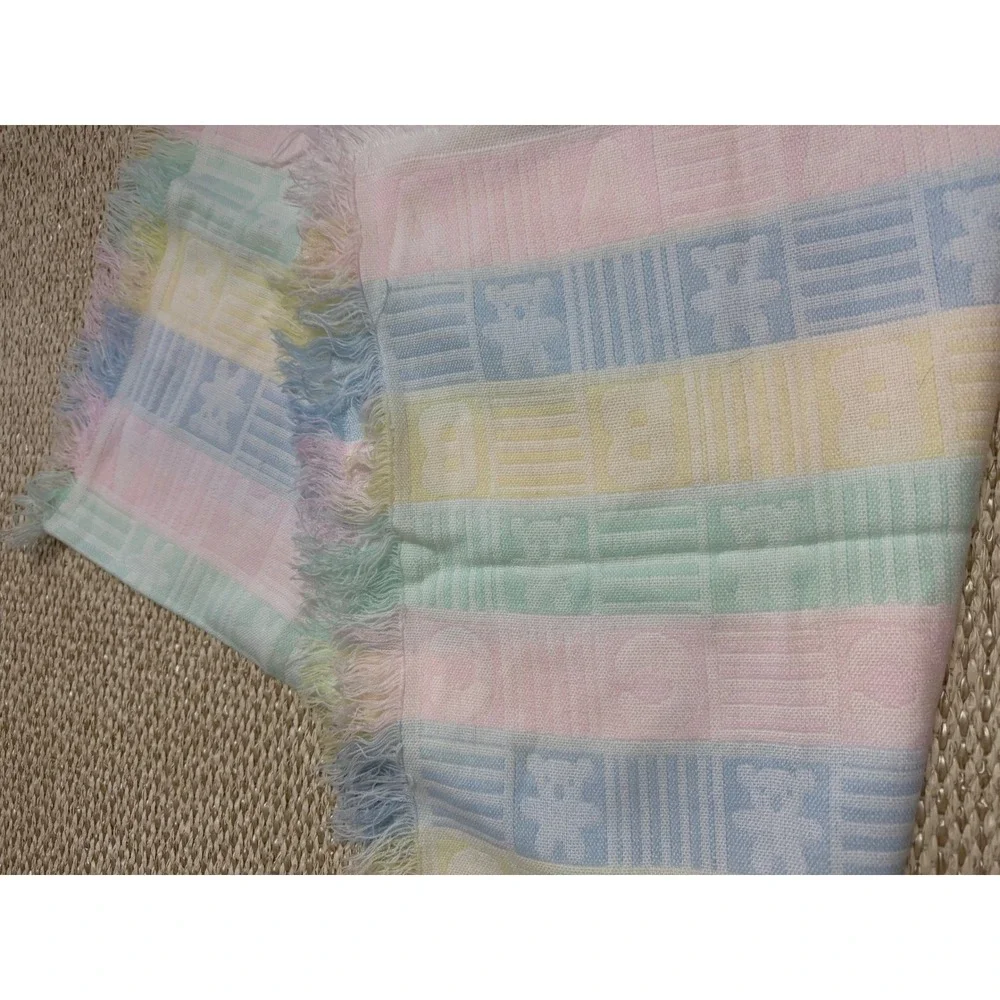 Vintage Pastel ABC Teddy Bear Baby Blanket Fringed Woven Nursery Cottagecore